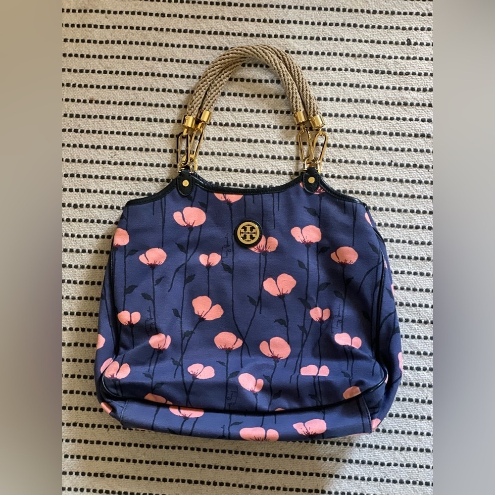 Tory Burch Floral Blue Pink Tote with Gold Accents